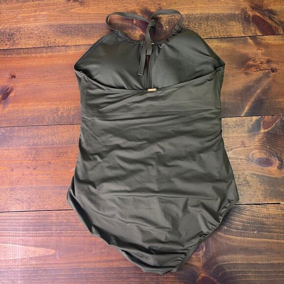 Lauren Ralph Lauren High-Neck One-Piece Olive Green Ruched Women's 16 - Picture 4 of 13